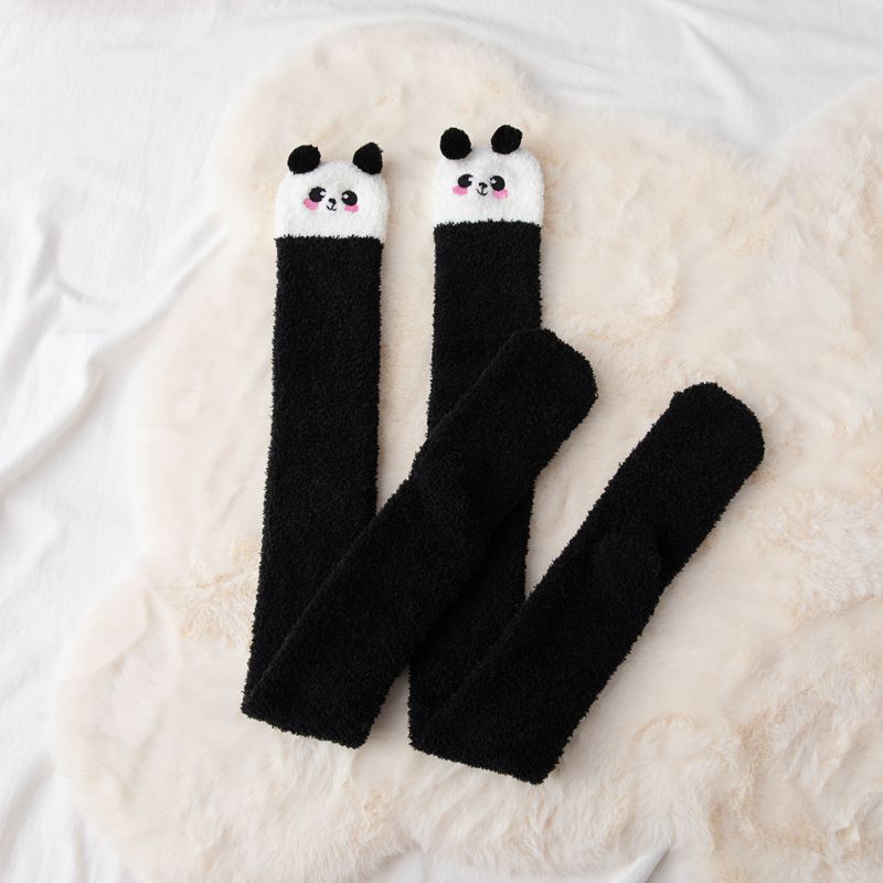Winter Soft Coral Fleece Women Thigh High Socks Cute Cartoon Animals Panda Cat Bear Over Knee High Ladies Girls Long Socks Home: style 1 black