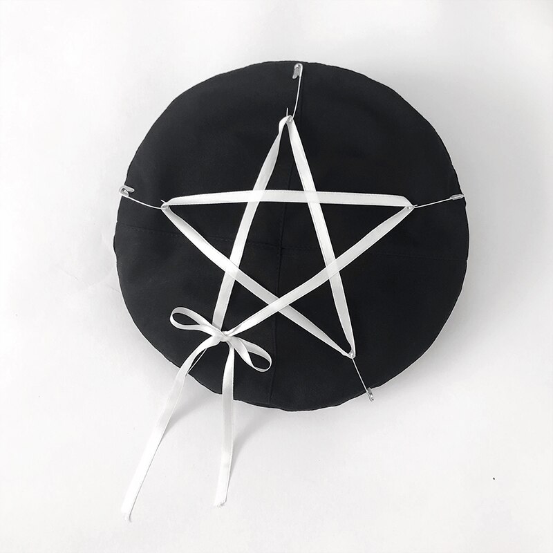 Harajuku Gothic Pentagram Black Beret Hats Women's Punk Wool Warm Painter Caps Autumn Winter Chic Streetwear