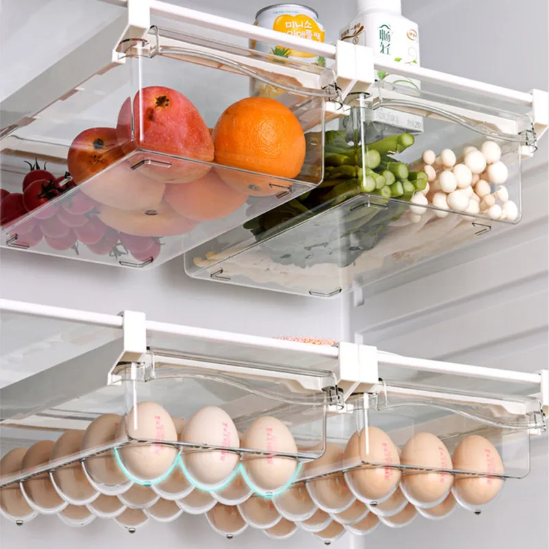 Fridge Organizer Slide Under Shelf Drawer Rack Holder Refrigerator Organizer Pantry Kitchen Organizer Fruit Food Storage Box