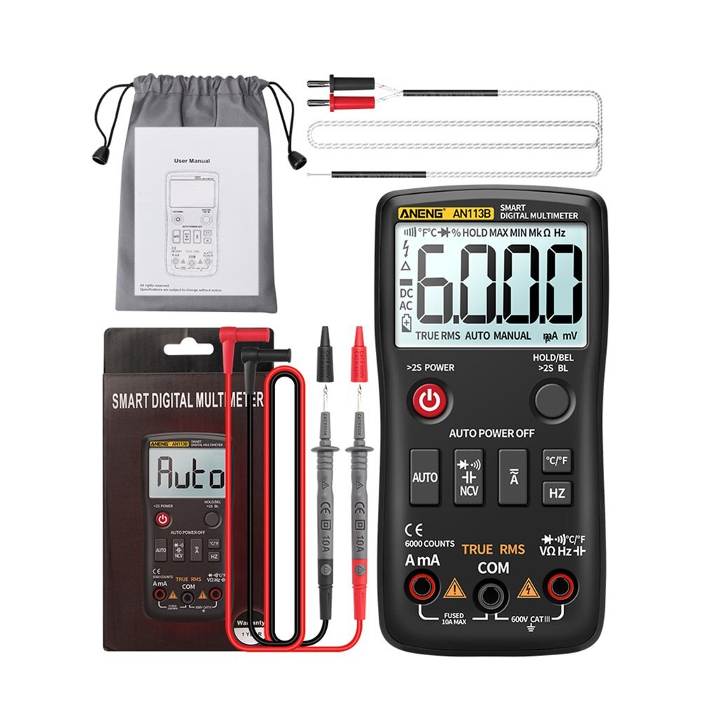 AN113B 6000 Count Multimeter Tester Fully Intelligent Automatic Range Digital Multimeter Transistor Voltmeter: Black