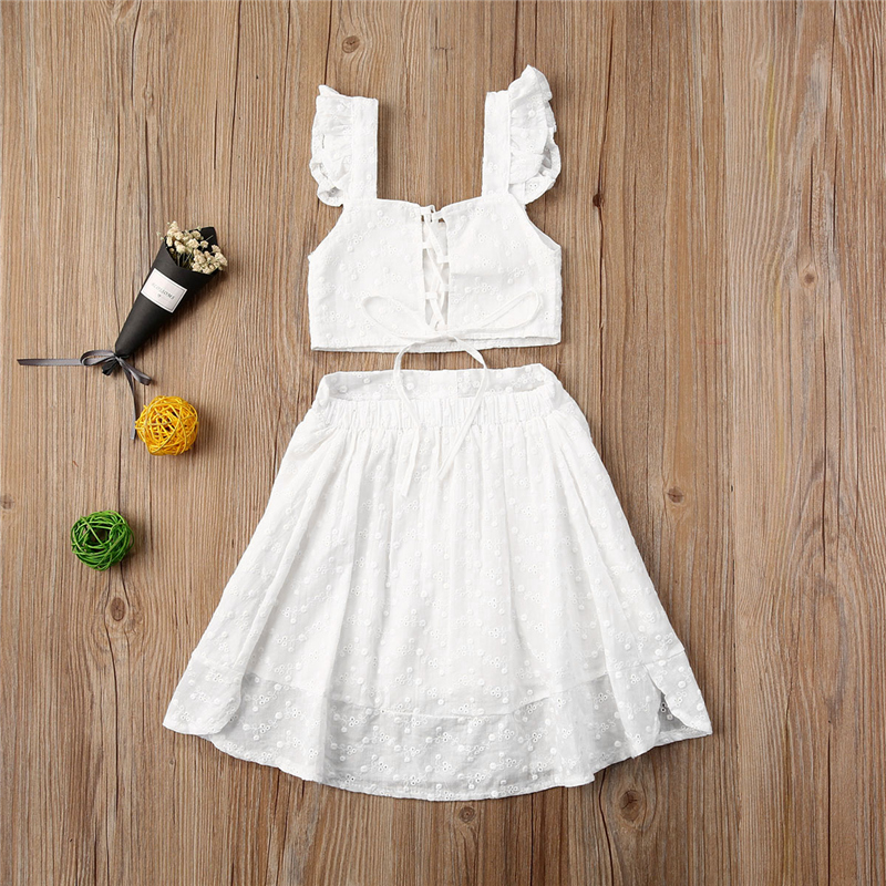 Toddler Kids Baby Girls Top senza maniche bianco T-shirt con volant bottoni gonne abiti estivi set 2 pezzi estate