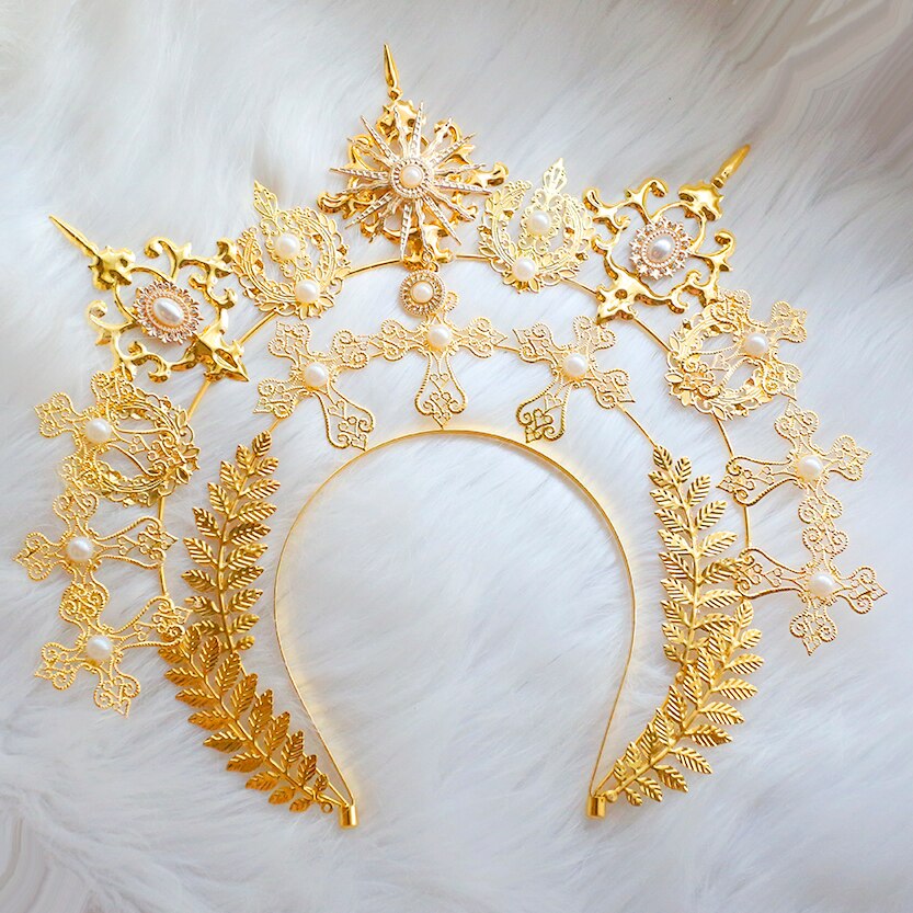 Diy Materiaal Pakket Lolita Europese Stijl Zon Halo Golden Cross Angel Haarspeld Handgemaakte Materiaal Crown Hoofdband