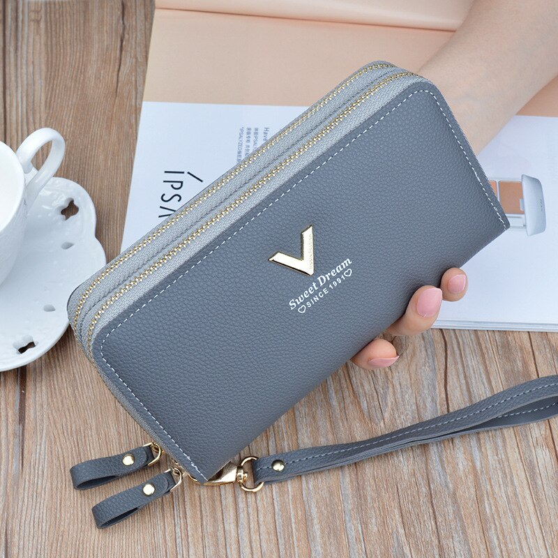 Women&#39;s wallet V Ladies mobile phone bag long ladies clutch bag star Double zipper hand strap bag Multiple color 697: 697gray