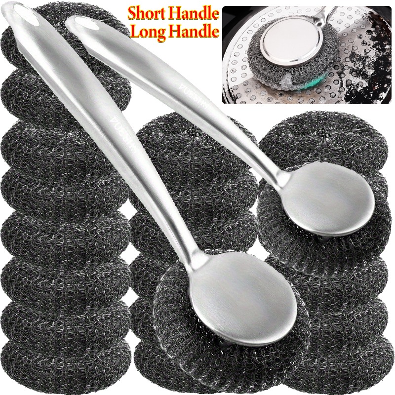 Steel Wool Scrubber with Handle Stainless Steel Pan Cleaner Scrubber with Long Short Handle Cleaning Brush Replaceable Wire Ball