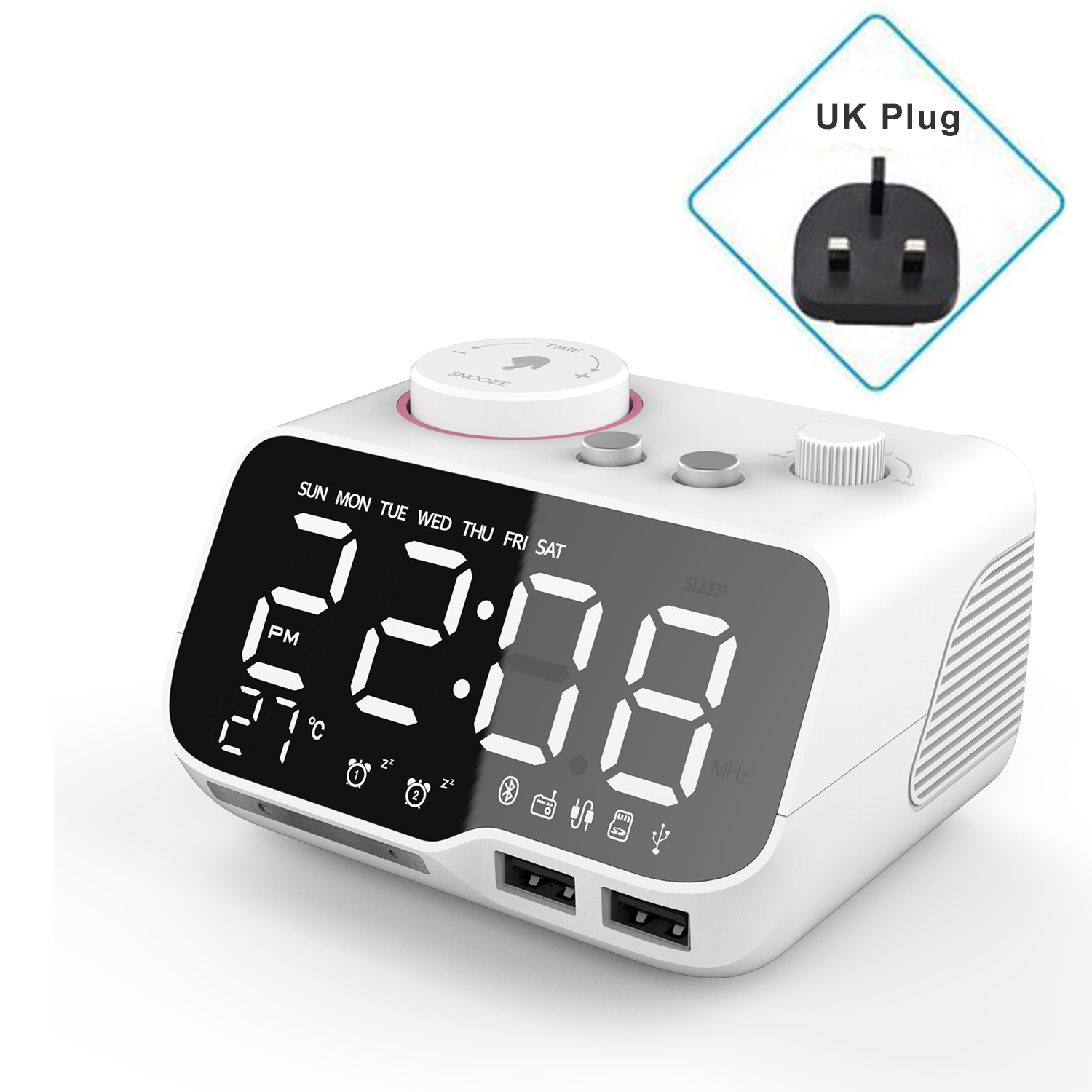 Miclock【actualizado-reloj despertador con cargador USB, despertador Digital LED con Radio FM, Altavoz Bluetooth, temperatura, repetición: White-UK Plug