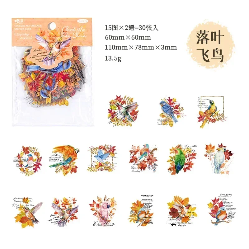 30Sheet Scrapbook Supplies PET Sticker Bag leaf Collage Story Retro DIY Decorative Handbook 110*78mm Materials Package: Yellow