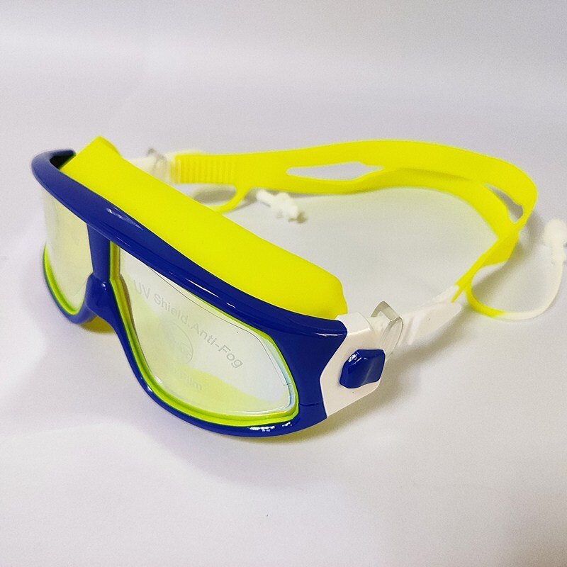 Kinderen Zwembril Cool Big Frame Een Stuk Oordopjes Kleurrijke Galvaniseren Anti-Fog Anti-Ultraviolet Zwemmen bril: Dark Blue Yellow