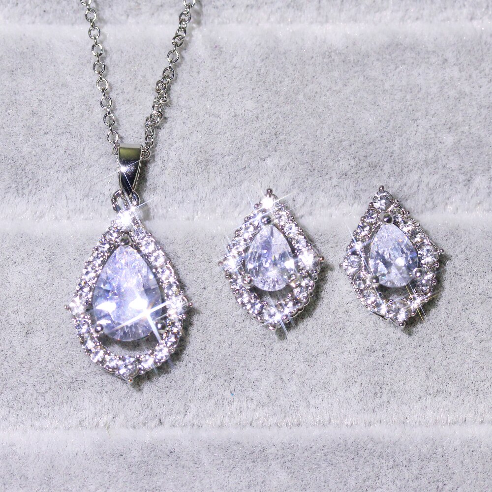 Vrouwen Ketting Oorbellen Verzilverd Zirconia Sieraden Set Mode Eenvoudige Sieraden Set Geven Vriendin: white