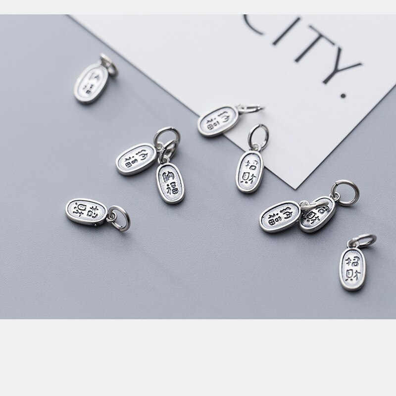 Apportez richesse et fortune lettre chinoise sculpté porte-bonheur breloques 12mm 925 en argent Sterling petits pendentifs bijoux à bricoler soi-même résultats