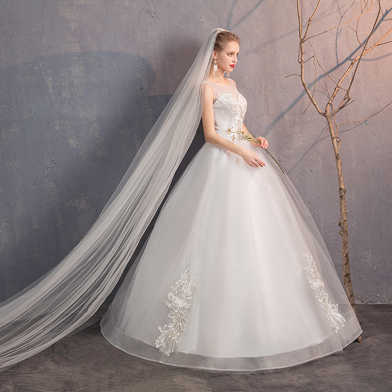 White Lace Wedding Dresses Ball Gown Lace Up O-Neck Sleeveless Appliques Tulle Simple Bride Wedding Gowns Vestido De Noiva