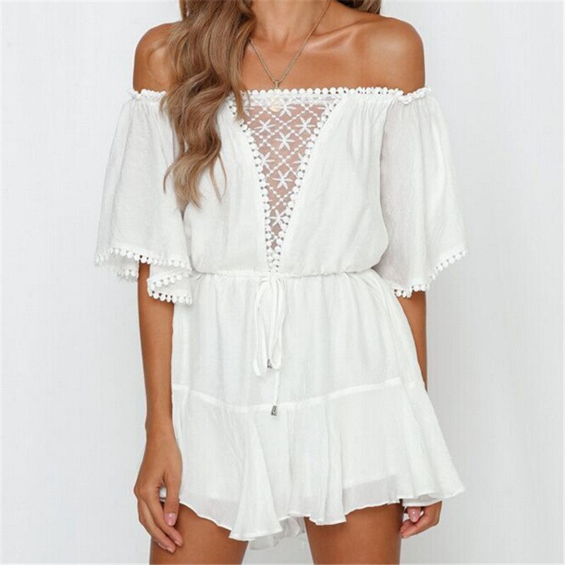 Mono bohemio para mujer, traje de retazos de encaje blanco, Bodycon de verano para , sin hombros, para playa y vacaciones,