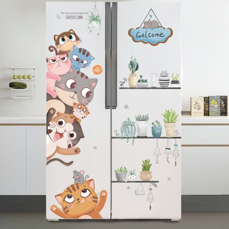 Cartoon Katten Muurstickers Vinyl Diy Dieren Mural Decals Voor Kinderen Kamers Baby Slaapkamer Kinderen Nursery Deur Woondecoratie: cats and potted