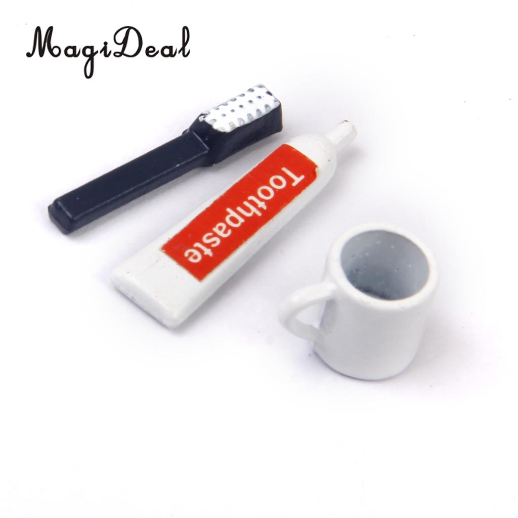 Magideal 3 Stks/set 1/12 Poppenhuis Badkamer Miniatuur Tandenborstel Tandpasta Cup Kinderen Pretend Play Toy