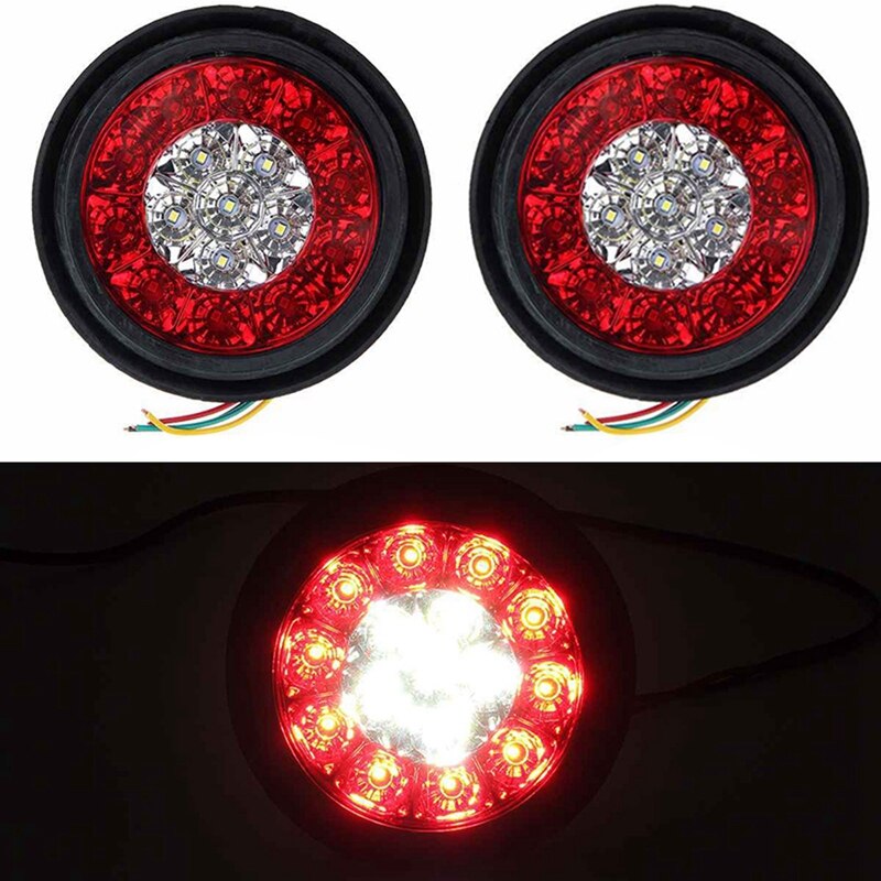 2X 4Inch Rood/Wit Ronde Staart 16-Led Stop Brake Knipperlichten Truck Trailer
