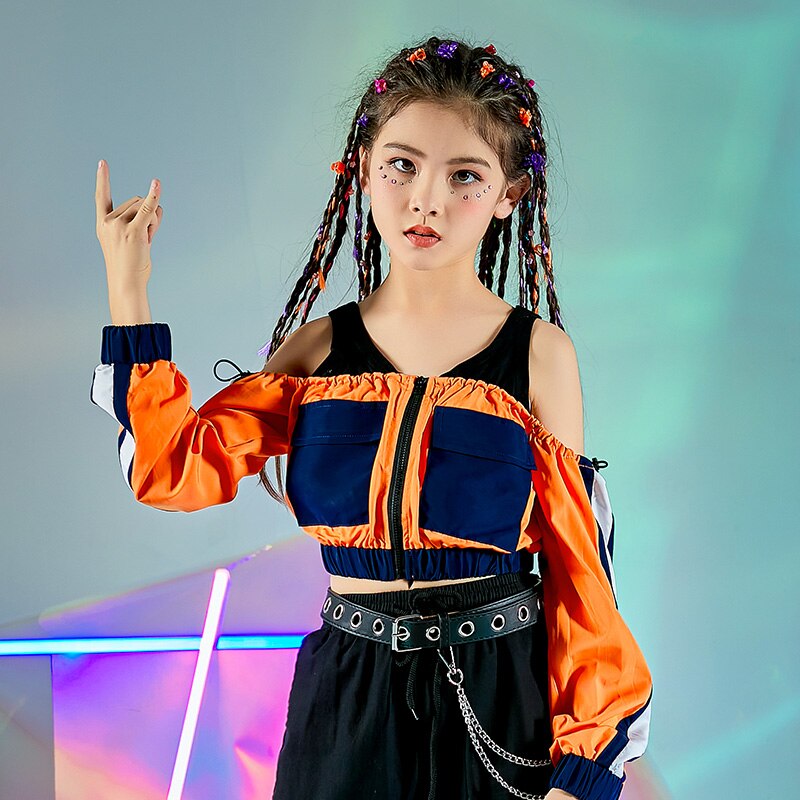 Ballroom Hip Hop Dance Costumes For Kids Long Sleeve Tops Black Loose Pants Girls Jazz Street Dance Wear Rave Clothes DN7178: Top / 150