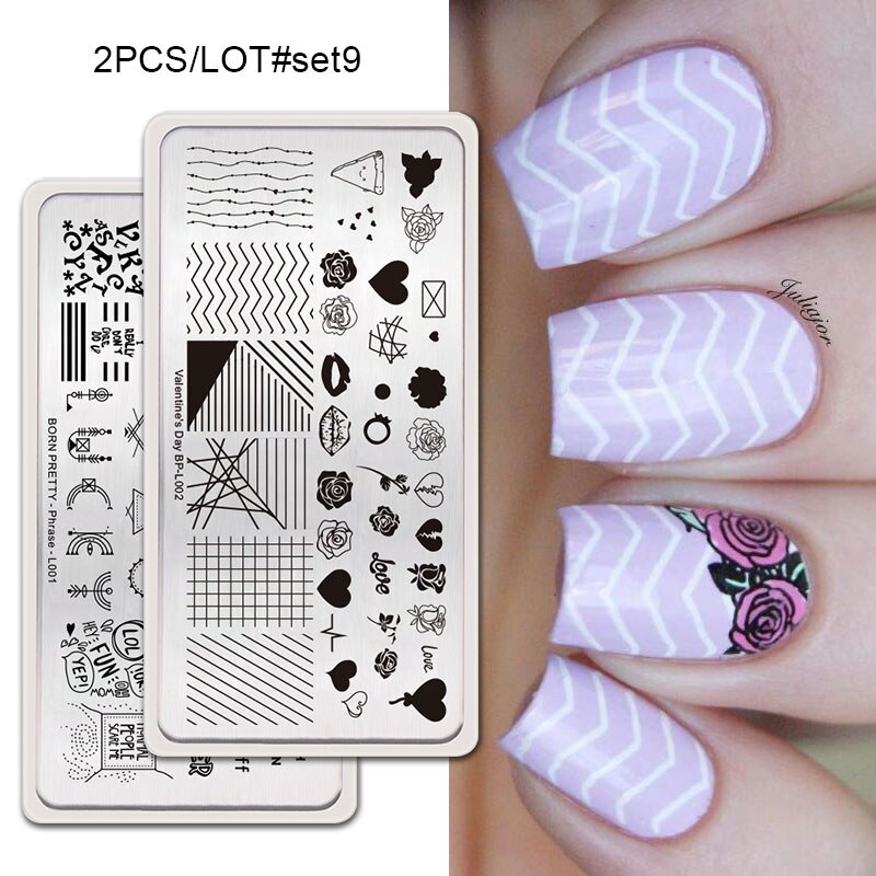 GEBOREN ZIEMLICH 2Pcs Nagel Stanzen Platten Set Rechteck Blume Geometrische Muster Nail art Bild Stempel Vorlage DIY Maniküre: 2Pcs-Set9