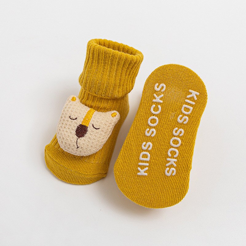 Babysocken mit Karikatur-motiven 3d einfarbig, mit schleife, rutschfester sohle, weich und warm, Ideal für babys und kleinkinder, für Höhle Winter.: Gelber löwir