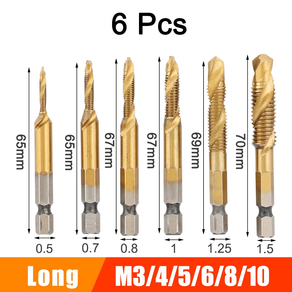 6/7Pcs HSS Screw Thread Metric Tap Drill Bits Set M3-M10 Hex Shank Titanium Plated Compound Screw Tap Drill Bit Set Hand Tools: 6 Pcs Long Gold