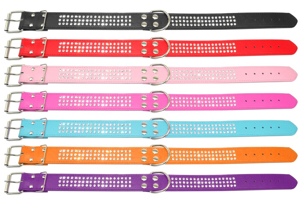 3 Rows Rhinestone Dog Collar Leather Dog Collars 1.5inch Wide For Medium Large Pet 5 Colors 2 Sizes
