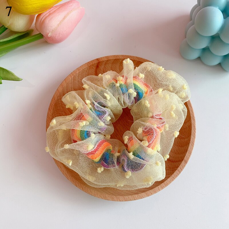 Corea mujeres elástico Kawaii bandas de encaje para el cabello Tie Girls Mesh Scrunchie coleta transparente Arco Iris accesorios para el cabello Headwe