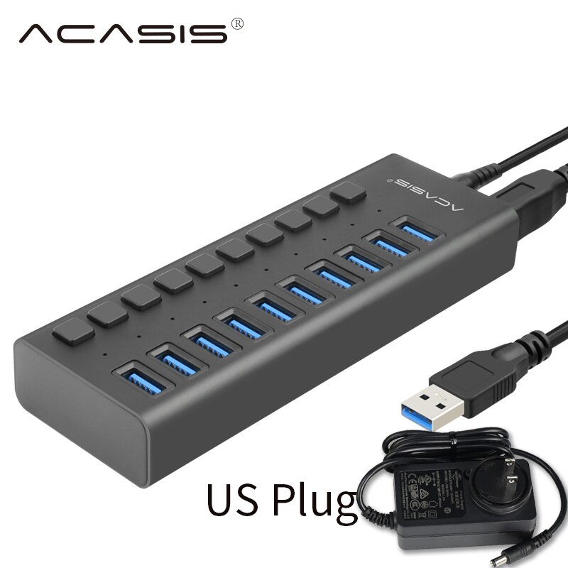 Acasis Multi USB 3.0 Hub 10 ports High Speed With ON OFF Switch Adapter Splitter USB Expander Computer Accessories: US Aluminum Black