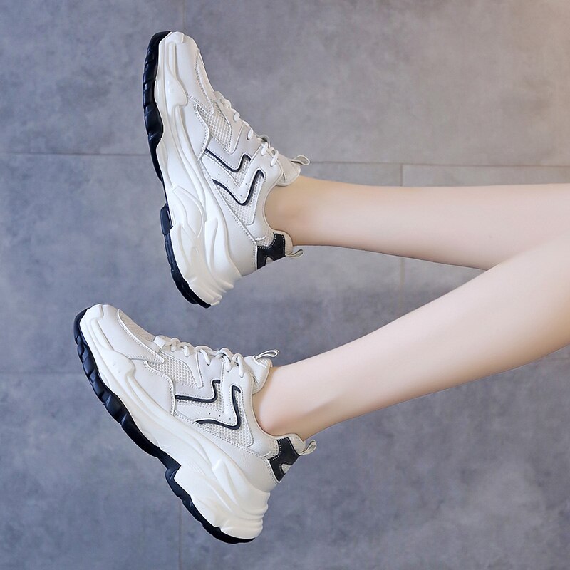 Fujin damesneakers blonder forår rund tå tyk bund kausal solid platform åndbare chunky sneakers til kvinder