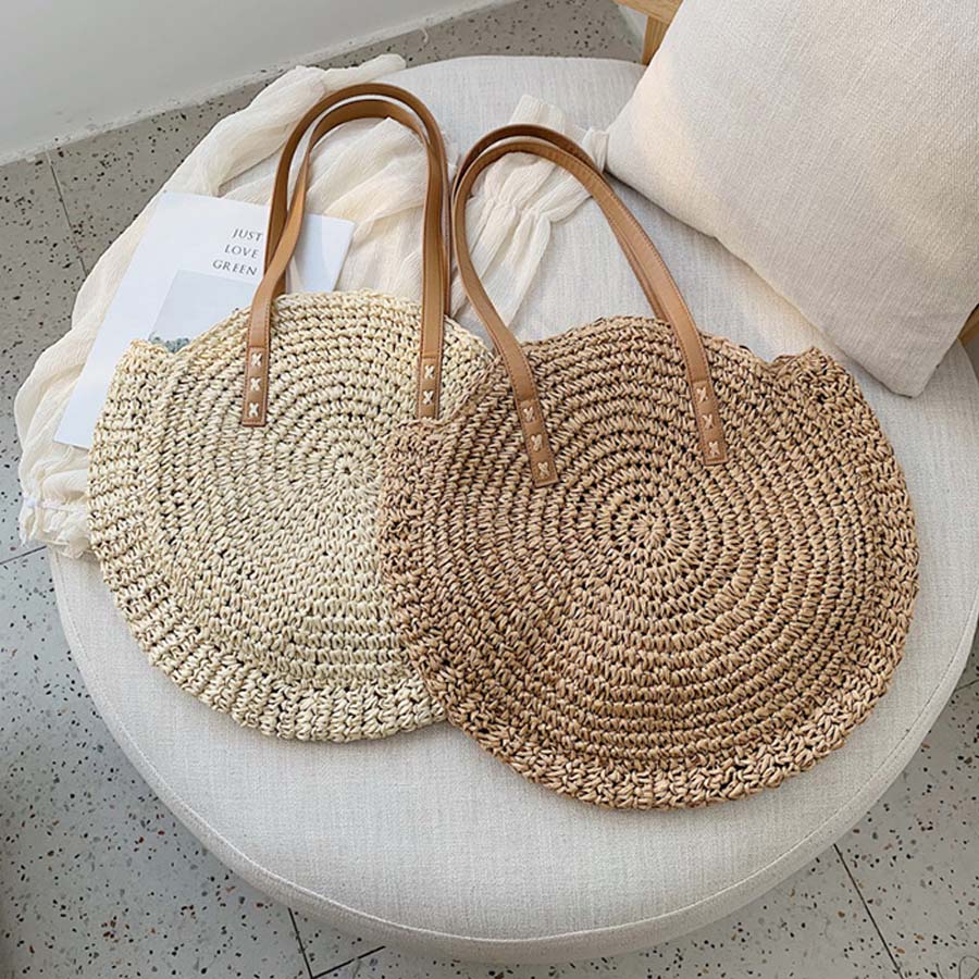 Casual Rattan Women Shoulder Bags Circle Straw Handbags Big Capacity Handmae Summer Tote Lady Round Bohemian Beach Treval Sac