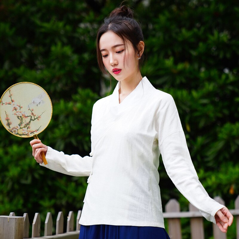 Camisa de lino y algodón para mujer, blusa Vintage, lisa, Oriental, Hanfu chino tradicional, etapa Hanfu: XXL / Azul