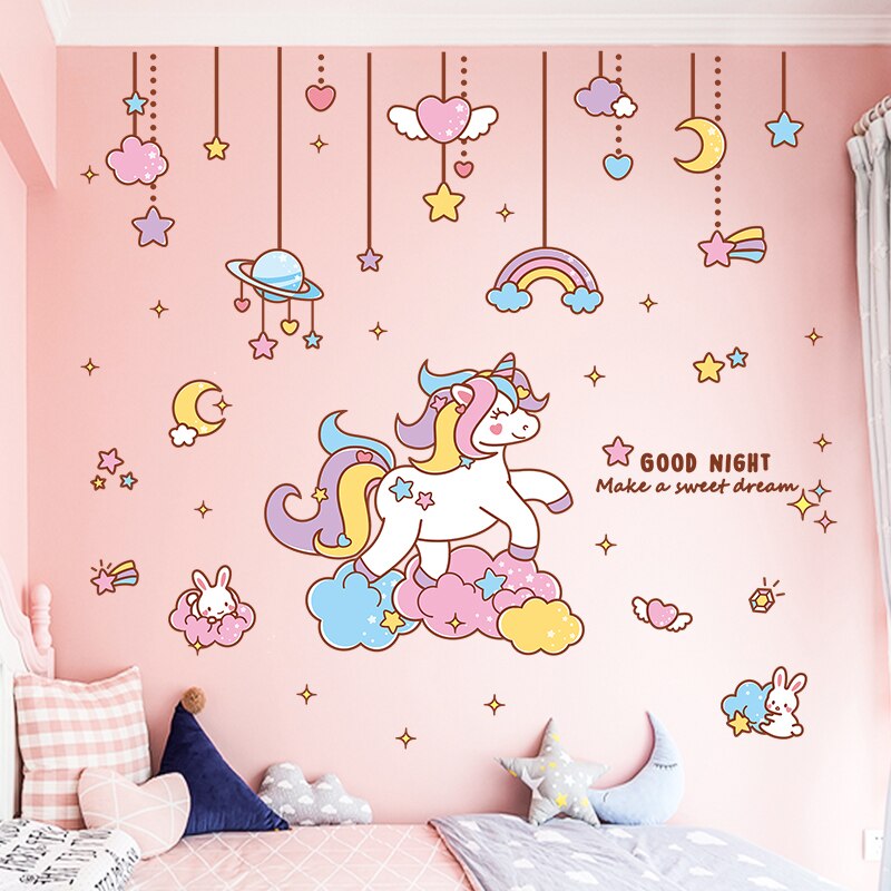 Cartoon Cute Unicorn Wall Sticker Decoration Nursery Kid's Room Decor DIY Wallpapers Baby Girls Bedroom Pink Layout Mural Decals: A B set