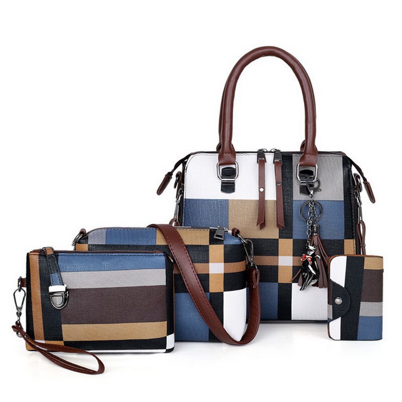 Gradosoo Plaid Patroon Handtassen 4 Sets Vrouwen Lederen Portemonnee en Handtas Bag Vrouwelijke Kwastje Schoudertas Vrouwen Crossbody Tas LBF651: Blauw