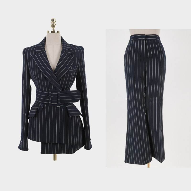 Spring Work Pant Suits 2 Piece Set for Women Double Breasted Striped Blazer Jacket & Trouser Office Lady Suit Feminino: L