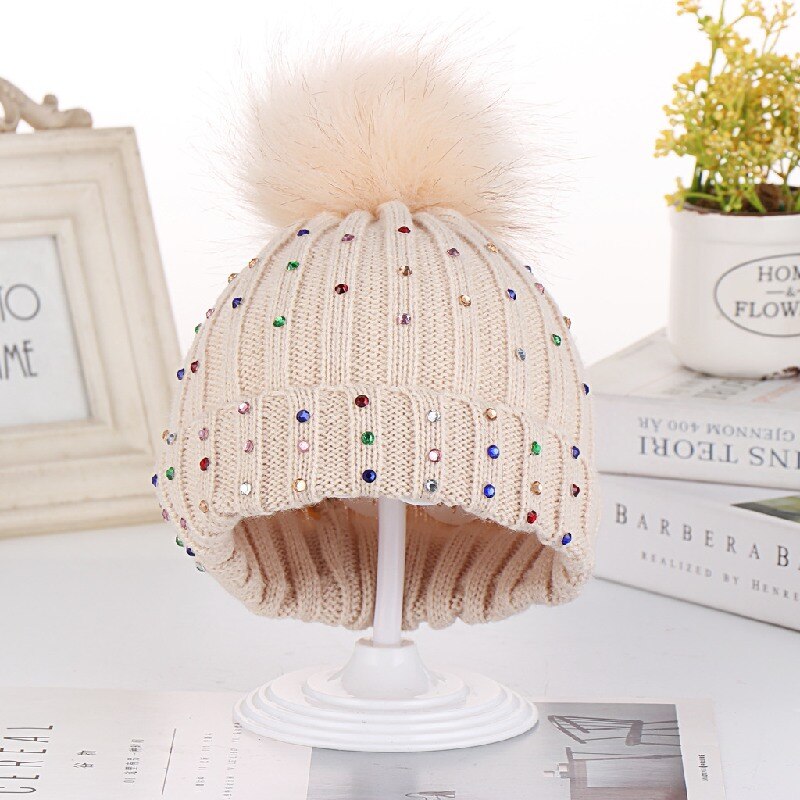 Dziecko zima ciepła czapka dzieci maluch czapki robione na drutach niemowlę czapka z pomponem diament chłopiec dziewczyny szydełkowa czapka dzieci słodkie czapki robić włosów: beige
