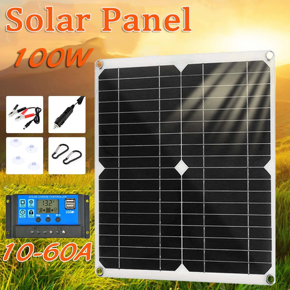 100W Solar Panel Solar Cells Poly Solar Panel Dual USB Output 10/20/30/40/50A/60A Controller for 12V/24V Battery Power Charger
