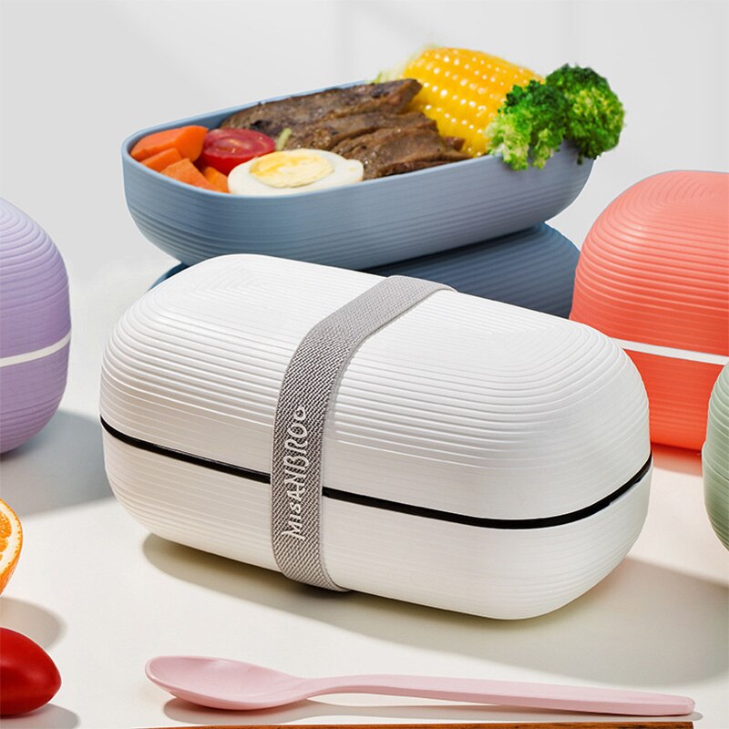 Dubbele Laag Lunch Box Bento Box Voor Student Kantoormedewerker Food Storage Container Box Magnetron Eenvoudige Stijl Draagbare Lekvrij