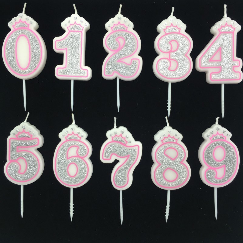 Bougie couleur argent chiffres brillant 0 à 9 ans pour gâteau joyeux anniversaire, couronne en forme de couronne pour mariage et fête pour enfants et adultes