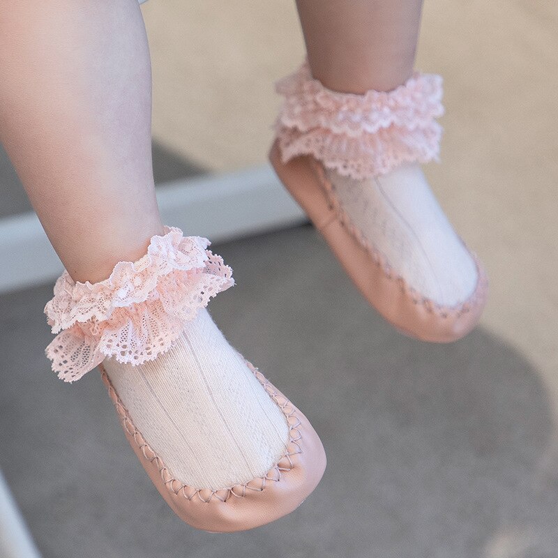 Sokken Meisje Kant Ruche Sokken Met Rubberen Zolen Voor Peuters Rubberen Zool Sokken Prinses Baby Sok Schoen slipper