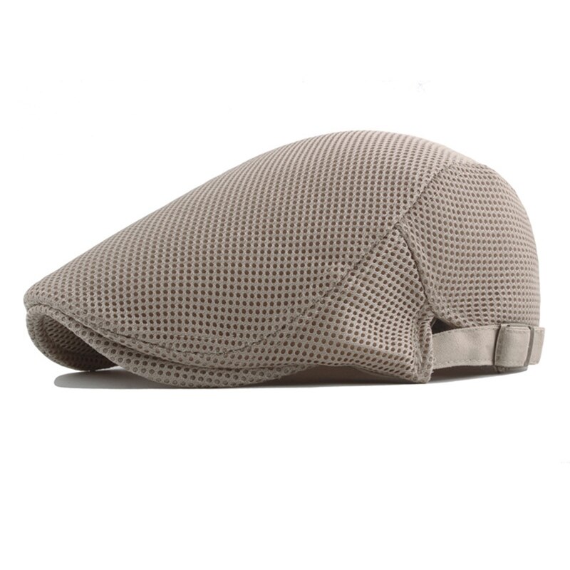 Sombrero de boina de algodón para hombre, gorra plana de malla informal, blanca, lisa, transpirable, ajustable, clásica, para verano: Caqui