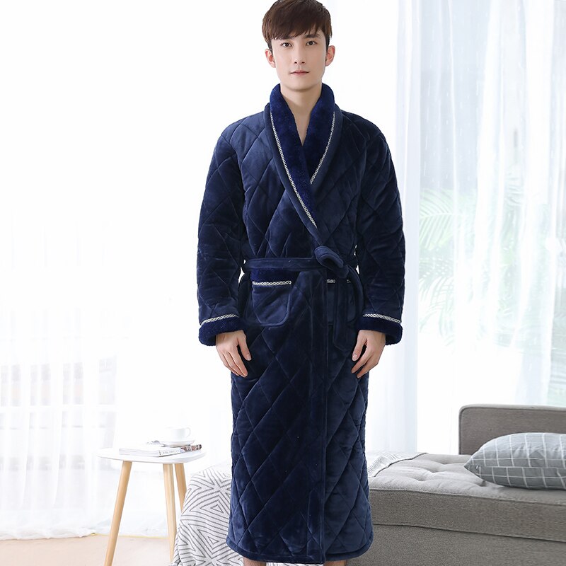Inverno longo robe para o sexo masculino três camadas acolchoado roupão grosso flanela sleepwear plus size xxxl quimono roupões de banho dos homens salão quente