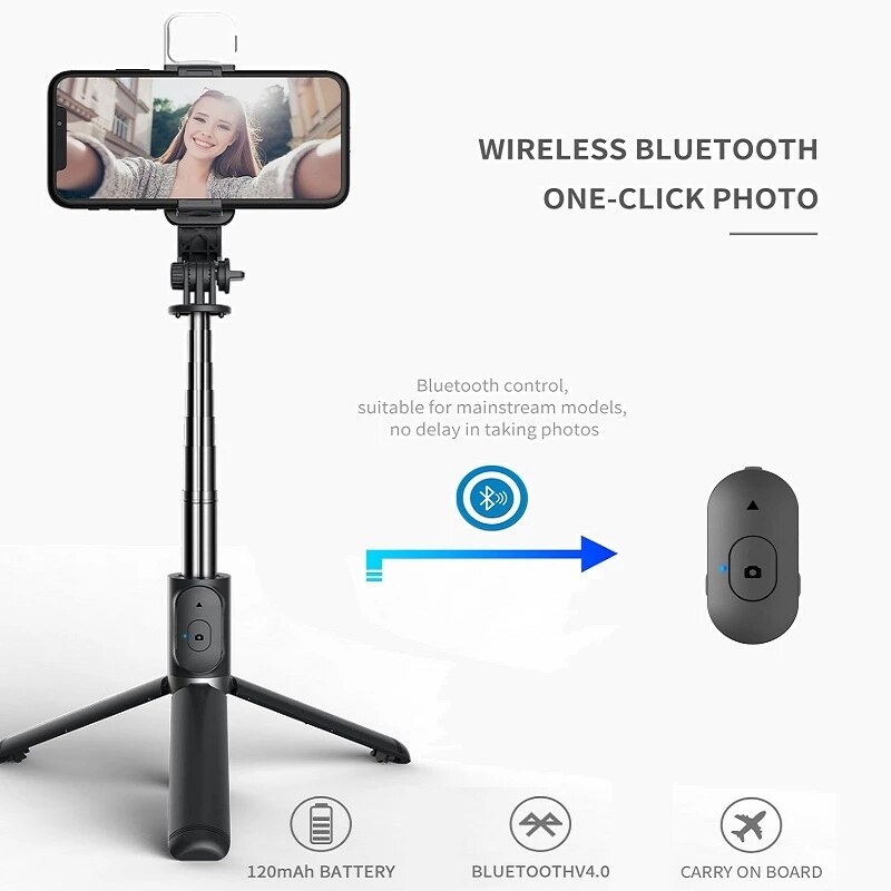 New bluetooth-compatible wireless selfie stick tripod, foldable monopod, universal for smartphones and sports action cameras