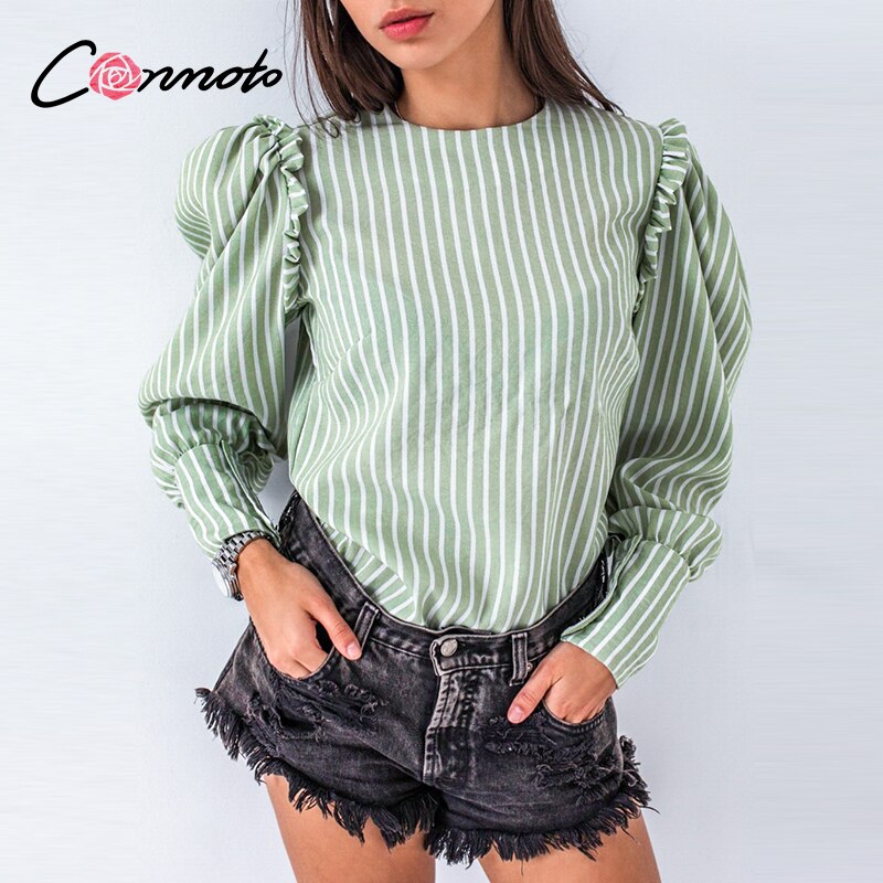 Conmoto lysegrøn efterår vinter kvinder bluse vintage office lady puff langærmet top kausal stripe flæse bluse