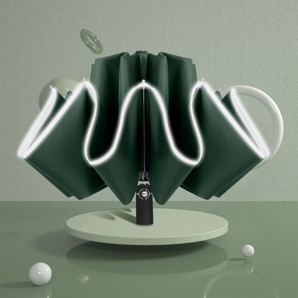 Umbrella Women's Automatic Umbrella Male LED Automatic With Reflective Stripe 3-Folding Inverted 10 Ribs UV Umbrellas: Automatic-Green
