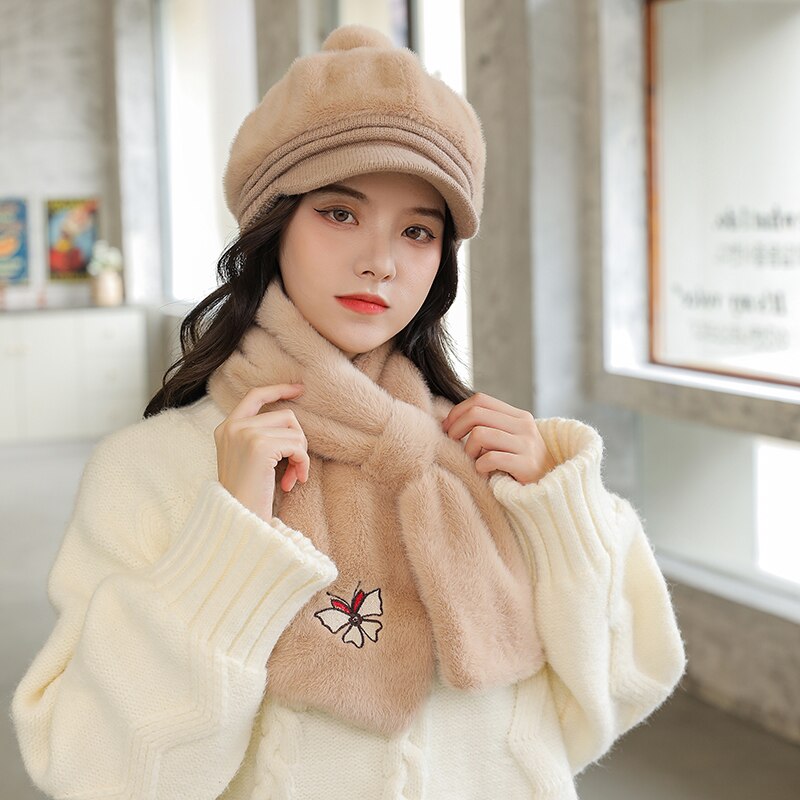 Chapeau octogonal en laine de pour adulte, couvre-chef femme papillon avec couvre-cou, deux pièces, neige, pour l&#39;extérieur, hiver 100%