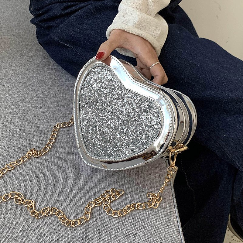 Hjertepailletter i patentlæder afslappet kvinder punge og håndtasker crossbody kædetaske skuldertaske kvindepose bolsa: Sølv