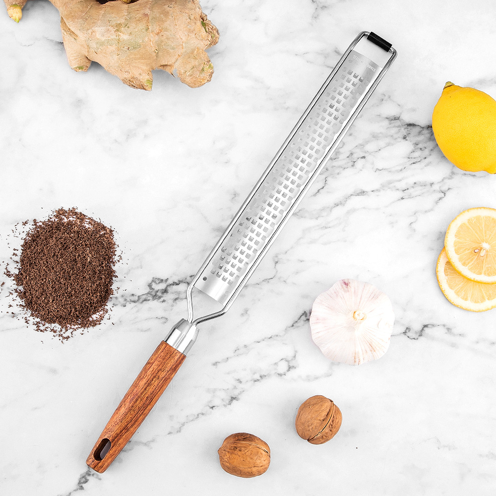Leeseph Cheese Grater Wooden Handle, Stainless Steel Vegetable Grater Multi-purpose Kitchen Food Shredder for Chocolate Butter: plum