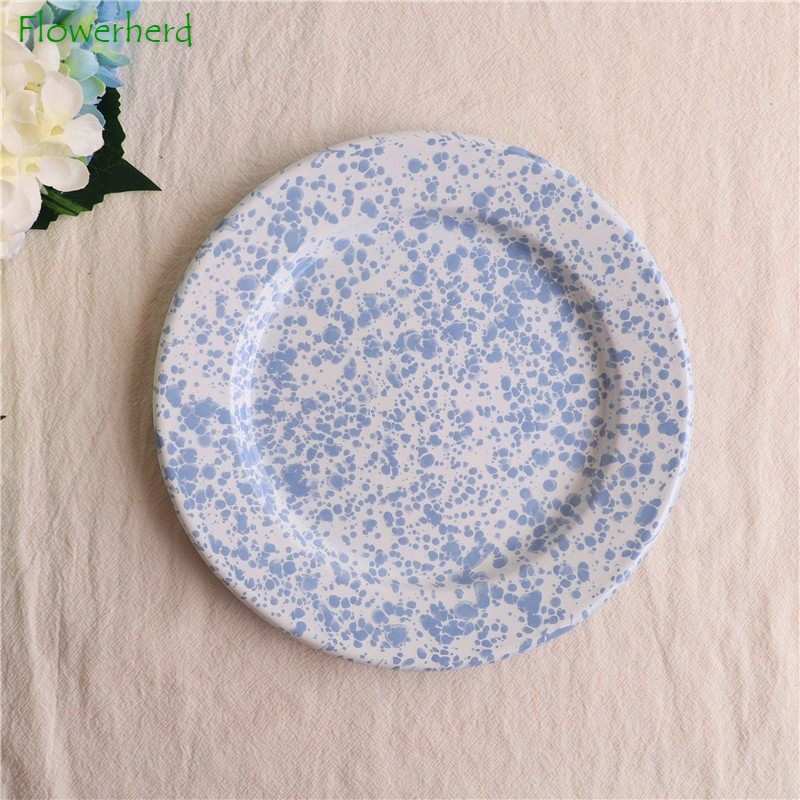 Enamel Plate Splatter Baby Blue Dot Breakfast Plate Dim Sum Flat Salad Plates Picnic Plate