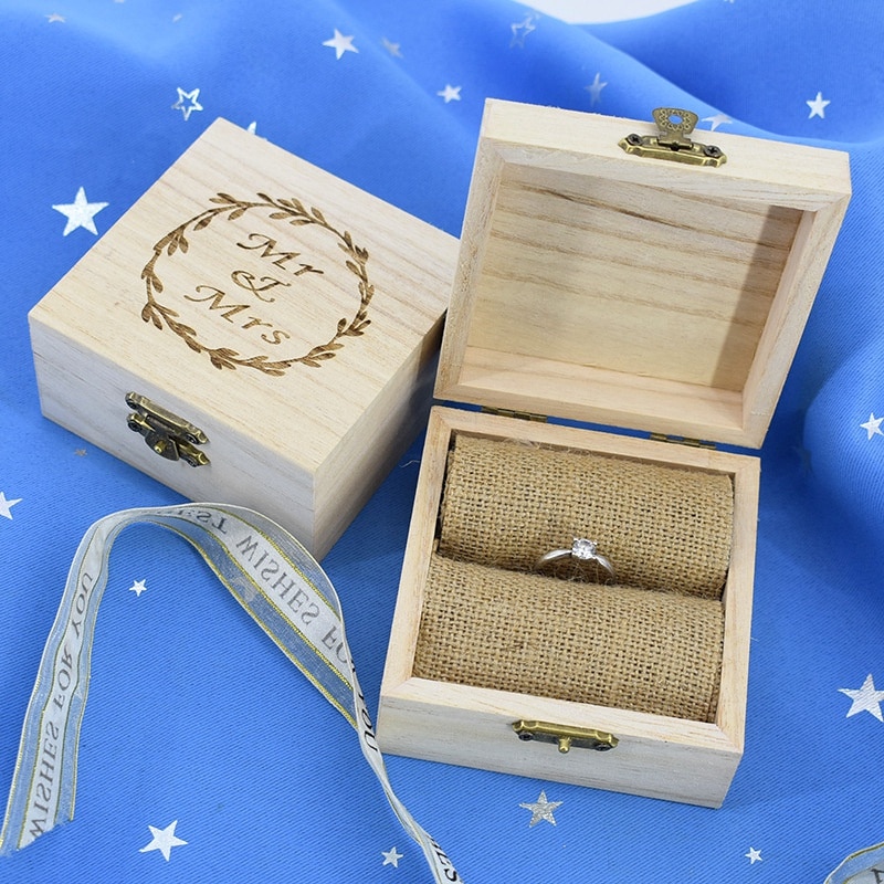 Bröllop tillbehör rustikt bröllop trä romantisk ring box hållare mr mrs brev vigselring bärare box smyckesfodral