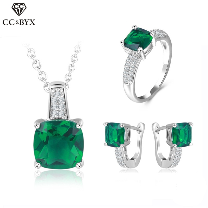 CC Bijoux Vintage vert pierre boucle d'oreille collier bague ensemble de Bijoux pour les femmes en argent Sterling Bijoux de fête de mariage Bijoux CCAS109