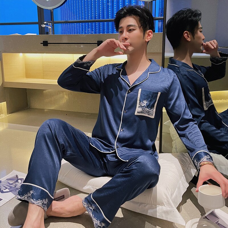 Pyjama de styliste pour homme, vêtements de nuit, haut à manches longues, pantalon, en soie glacée, ensemble de nuit,: 5367 / XXXL