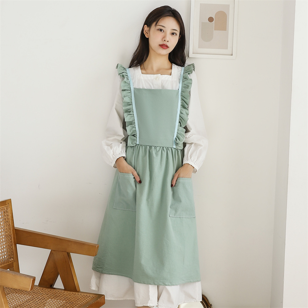 Neue Gewaschen Baumwolle Leinen Küche Schürze Für Kochen Backen Blume Einkaufen Rüschen Arbeit Sauber Schürze für Frau Uniform Dame Kleid: B4