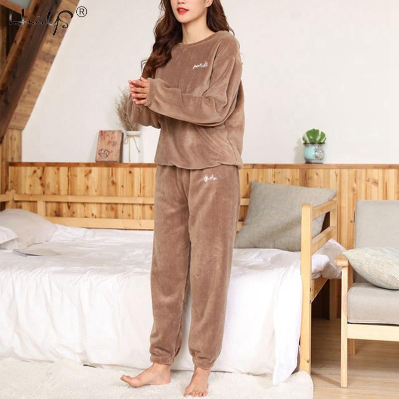 Inverno feminino flanela de veludo pijamas define pijamas grosso solto casual macio quente camisola de casa roupas femininas terno pijamas: A Brown